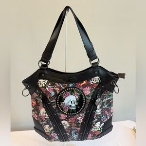 Ed Hardy Black Floral Skull Shoulder Bag with Stud Accent